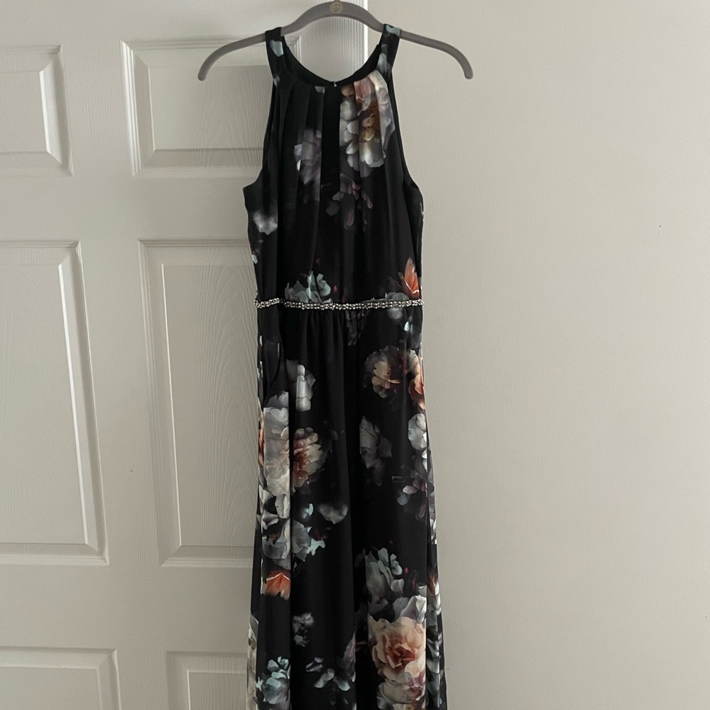 SLNY Black Floral Halter Dress